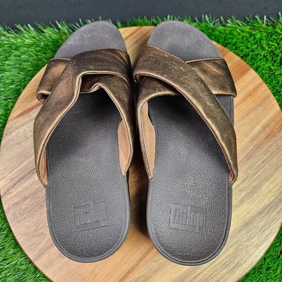 FitFlop Lulu Sandals Women's 9 Bronze Leather Comfort Cross Strap Slide Wedge - Picture 8 of 14